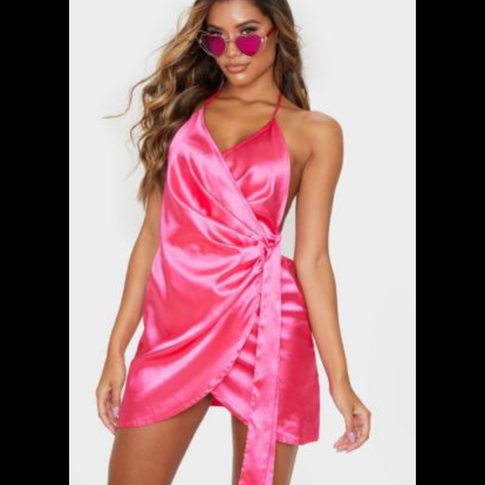 PrettyLittleThing Satin Pink Wrap Dress